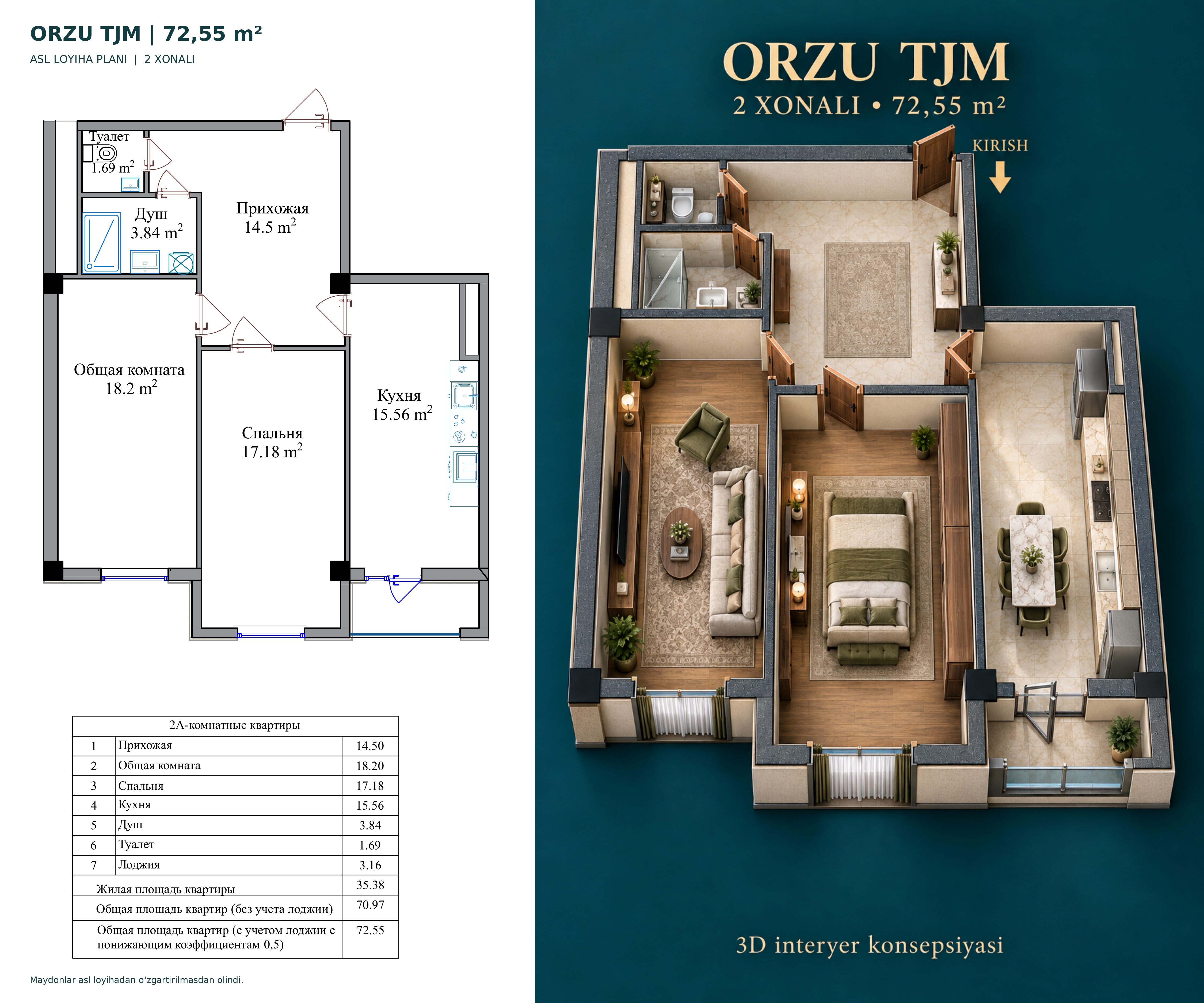 2 xonali 72,55 m² asl loyiha plani va 3D render